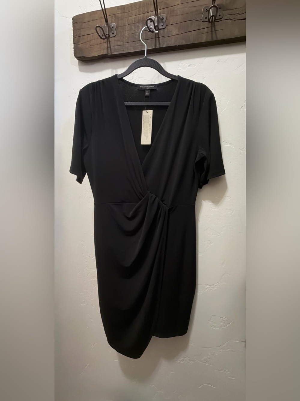 Banana Republic Black Ruched Faux Wrap Asymmetrical Dress NWT Petite Small